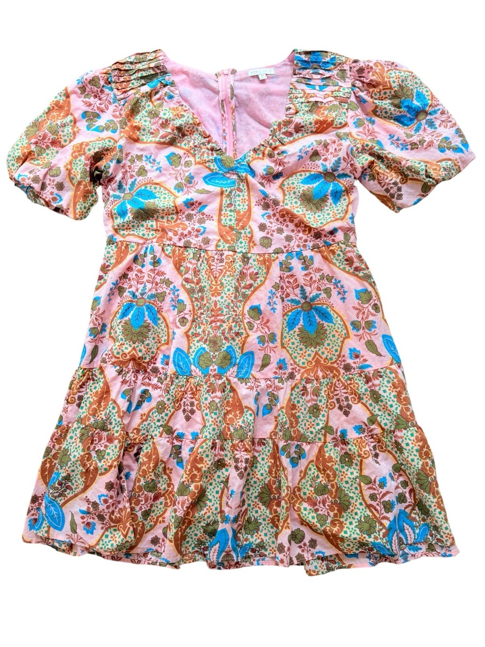 Anna Cate Pink Paisley Floral Cotton Puff Sleeve Tiered Mini Dress M Preppy
